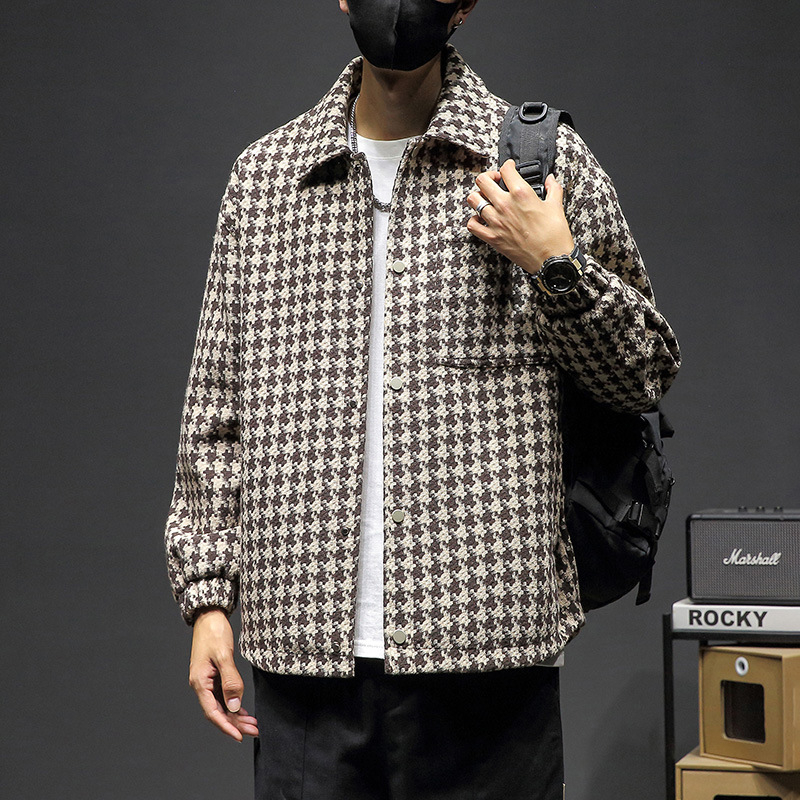Košulja s uzorkom houndstooth, mješavina poliester, ovratnik s reverom, duge rukave, slobodan kroj