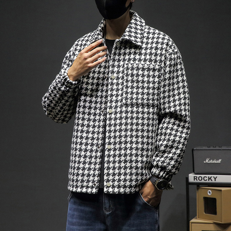 Košulja s uzorkom houndstooth, mješavina poliester, ovratnik s reverom, duge rukave, slobodan kroj