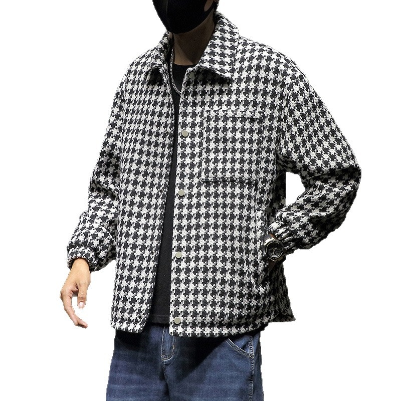 Košulja s uzorkom houndstooth, mješavina poliester, ovratnik s reverom, duge rukave, slobodan kroj