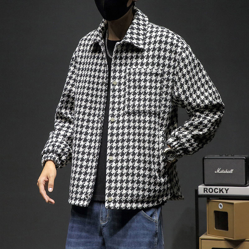 Košulja s uzorkom houndstooth, mješavina poliester, ovratnik s reverom, duge rukave, slobodan kroj