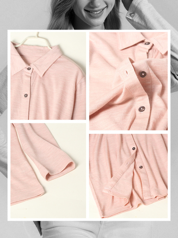 Cămașă din lână 95%+ lână australiană superfină, mâneci lungi, guler rever, croială lejeră, închidere cu nasturi într-un rând