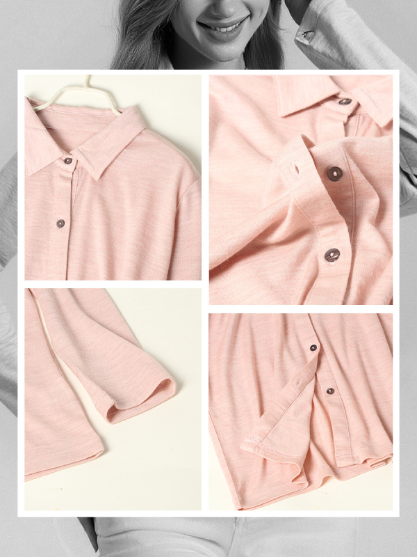 Cămașă din lână 95%+ lână australiană superfină, mâneci lungi, guler rever, croială lejeră, închidere cu nasturi într-un rând