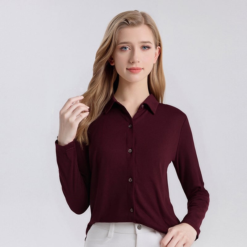 Cămașă din lână 95%+ lână australiană superfină, mâneci lungi, guler rever, croială lejeră, închidere cu nasturi într-un rând