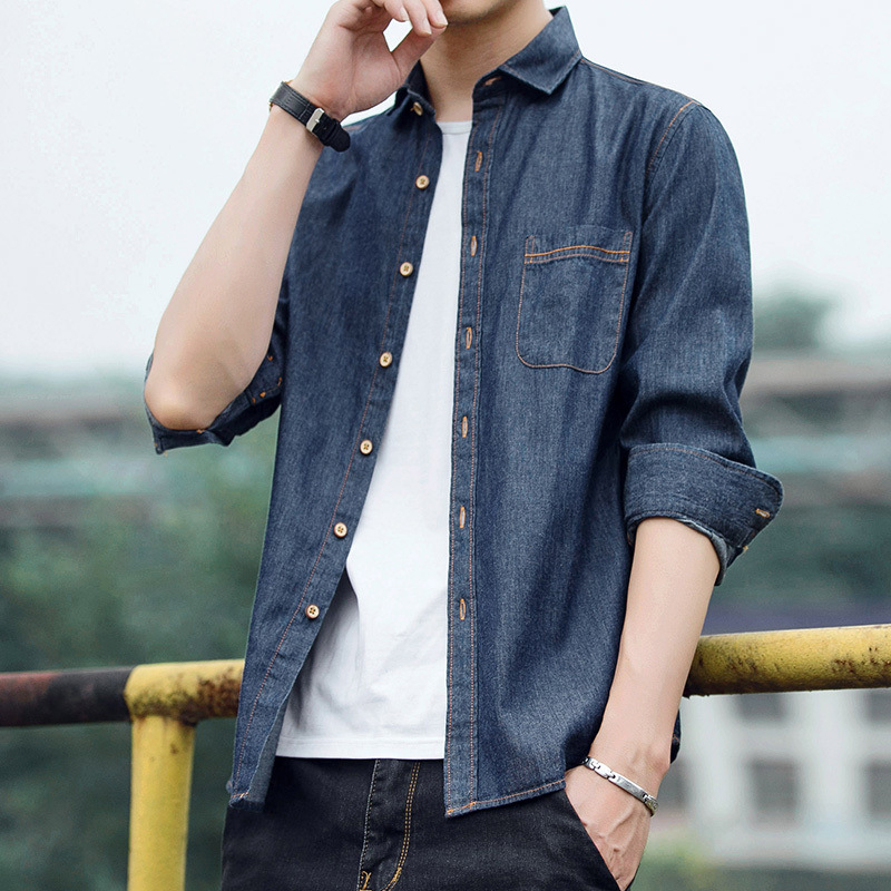 Cămașă de bărbați din bumbac, croială lejeră, mâneci lungi, guler lat, model unic