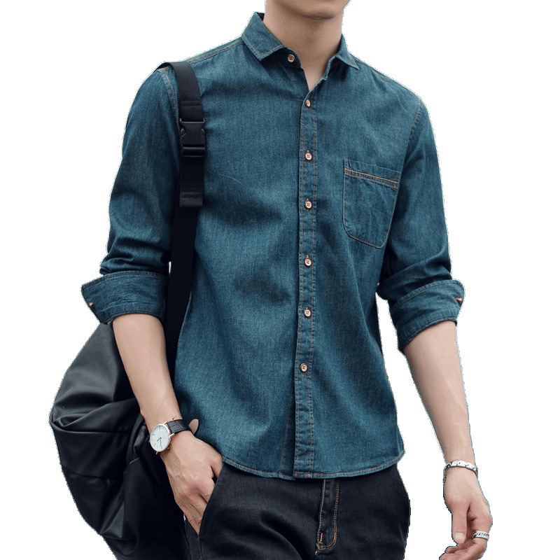 Cămașă de bărbați din bumbac, croială lejeră, mâneci lungi, guler lat, model unic