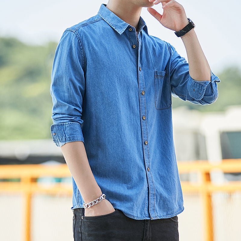 Cămașă de bărbați din bumbac, croială lejeră, mâneci lungi, guler lat, model unic