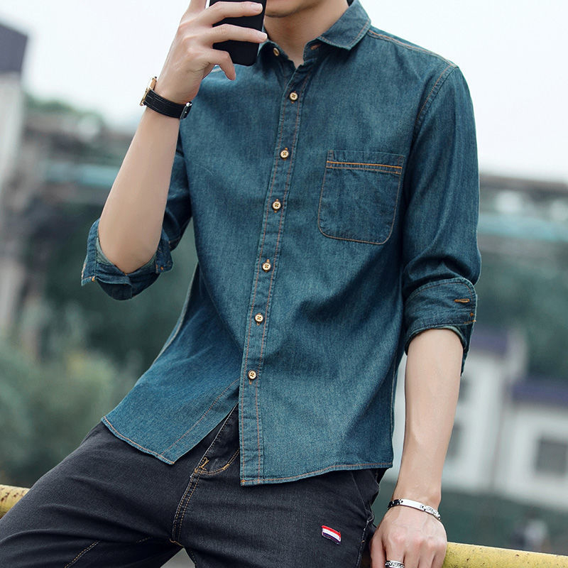 Cămașă de bărbați din bumbac, croială lejeră, mâneci lungi, guler lat, model unic