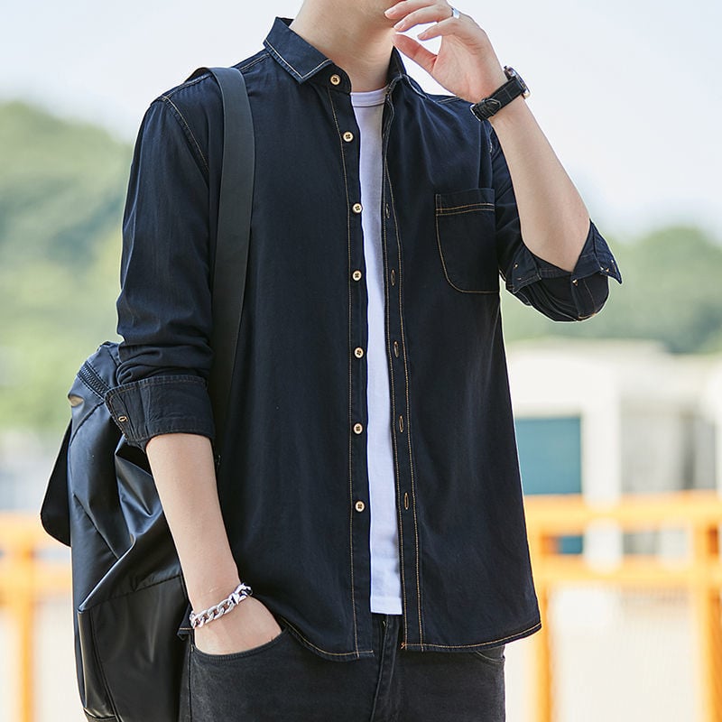 Cămașă de bărbați din bumbac, croială lejeră, mâneci lungi, guler lat, model unic