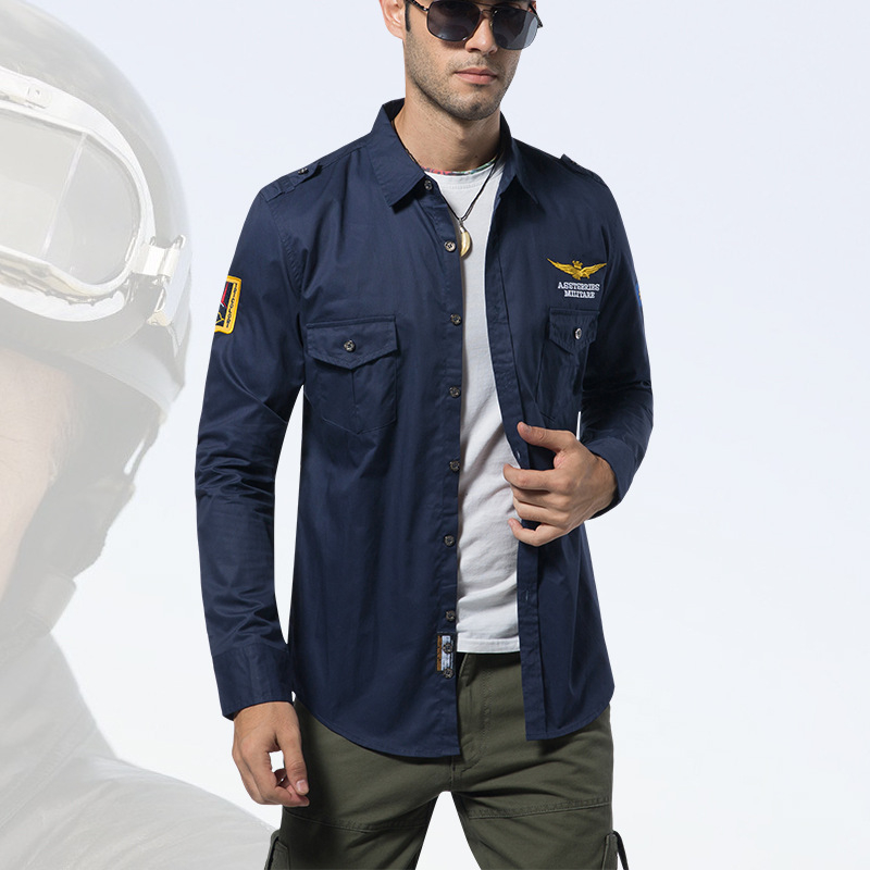 Cămașă casual din bumbac 100%, croială Slim, guler dublu, broderie