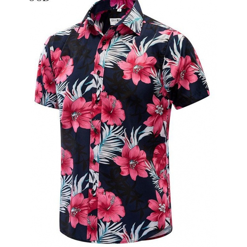 Cămașă cu croi relaxat, mânecă scurtă, imprimeu floral, guler rever, poliester respirabil