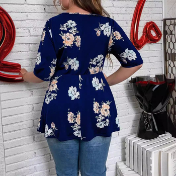 Ženska bluza s floralnim printom i V-izrezom, poliester, kratki rukavi, uski kroj