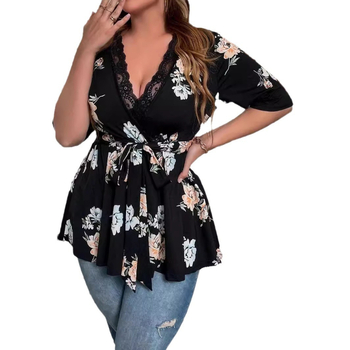 Ženska bluza s floralnim printom i V-izrezom, poliester, kratki rukavi, uski kroj