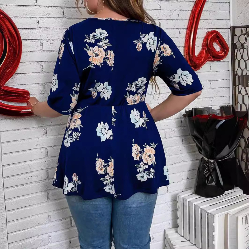Ženska bluza s floralnim printom i V-izrezom, poliester, kratki rukavi, uski kroj