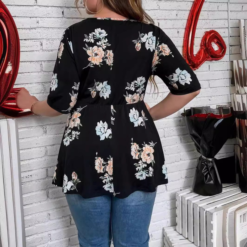 Ženska bluza s floralnim printom i V-izrezom, poliester, kratki rukavi, uski kroj