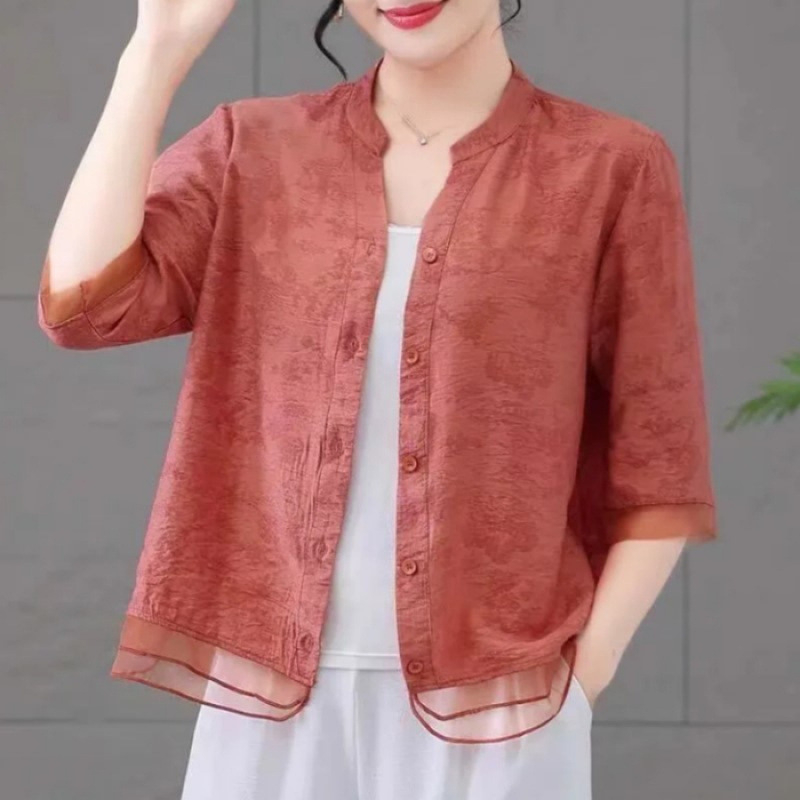 Női blúz – Geometric pattern, Polyester, Jacquard, Shirt collar, Placket: single-row and multi-buckle (Geometric pattern, Polyester, Jacquard, Shirt collar, Placket: single-row and multi-buckle)