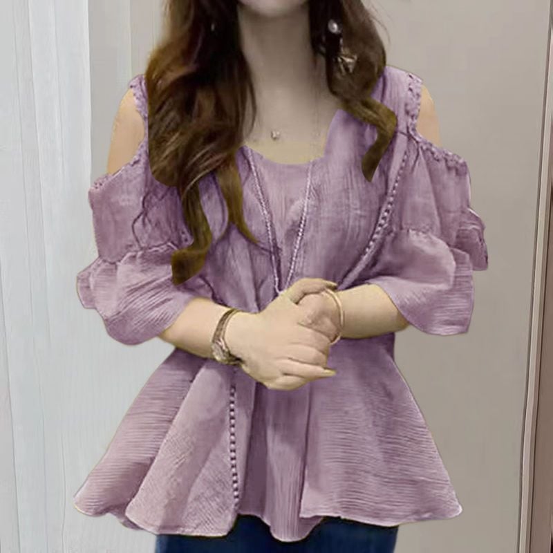 Ženska šifon bluza s otvorenim ramenima, ljeto 2024, udoban kroj, plus veličina, gradski stil, svestrana