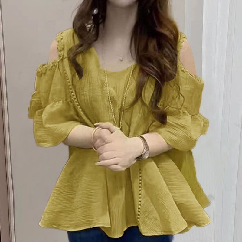 Ženska šifon bluza s otvorenim ramenima, ljeto 2024, udoban kroj, plus veličina, gradski stil, svestrana