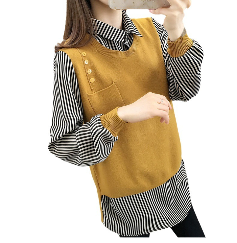 Ženski pleteni top s ovratnikom košulje, dugi rukavi, široka silueta, korejski stil, plus veličina, vanjski komad