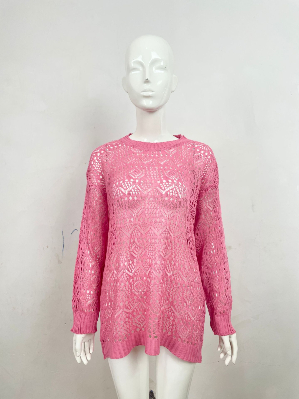 Ženska plus veličine prozračna pletena bluza s okruglim izrezom, dugi rukavi, proziran top za zaštitu od sunca