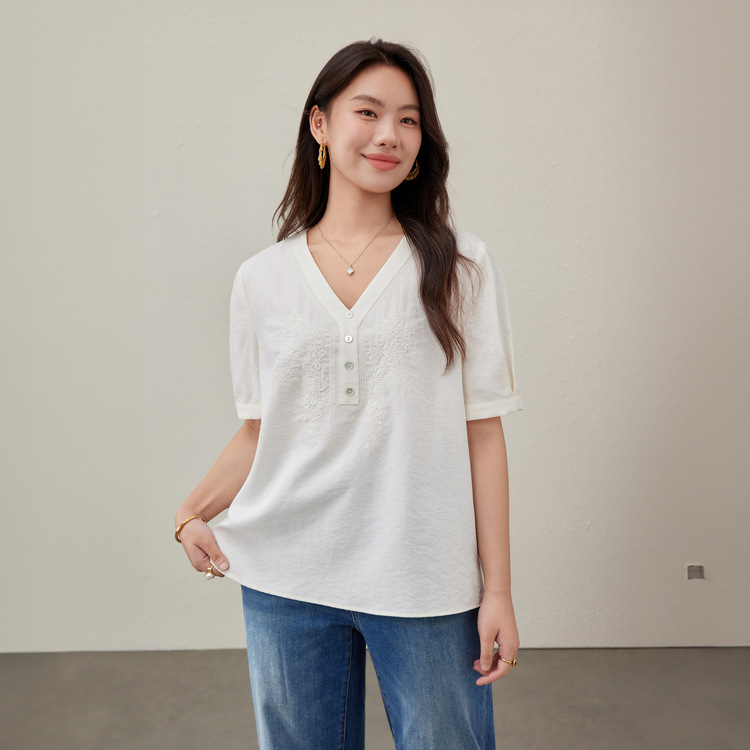 Μπλούζα με V‑λαιμό για γυναίκες σε Plus Size, βαμβακερή, κοντό μανίκι, πουλόβερ, κανονικό μήκος, κομψό στυλ, Καλοκαίρι 2025