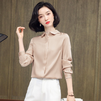 Dámska košeľa z mulberry hodvábu - jednofarebná, dlhý rukáv, úzky strih, golier s klopou