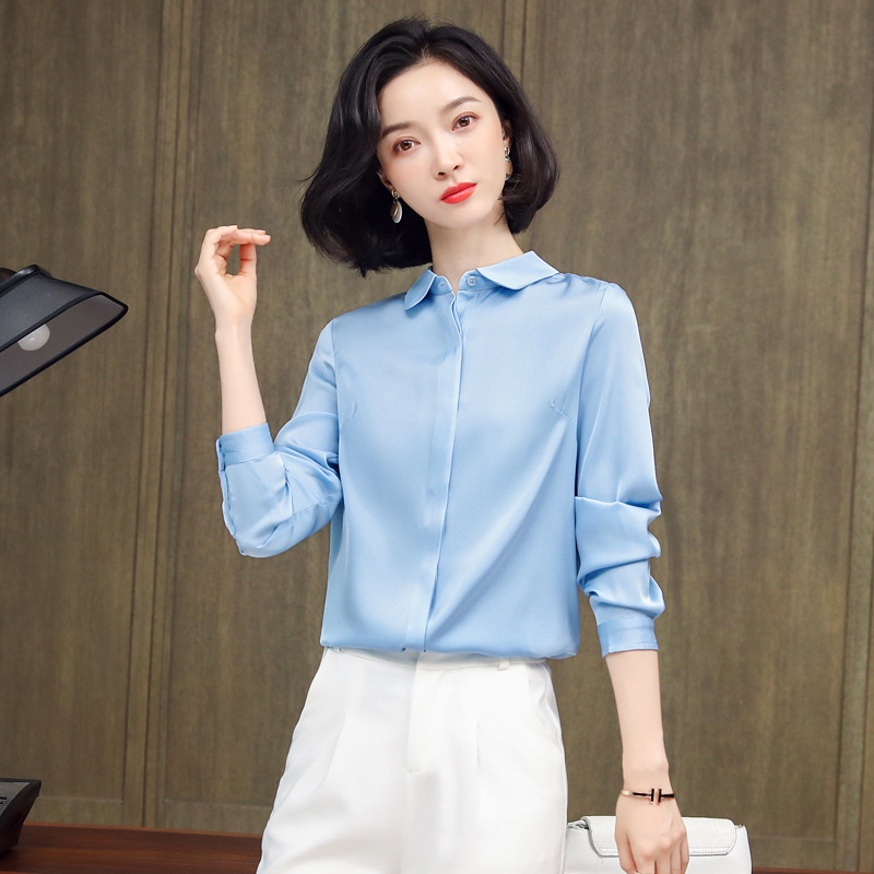 Dámska košeľa z mulberry hodvábu - jednofarebná, dlhý rukáv, úzky strih, golier s klopou