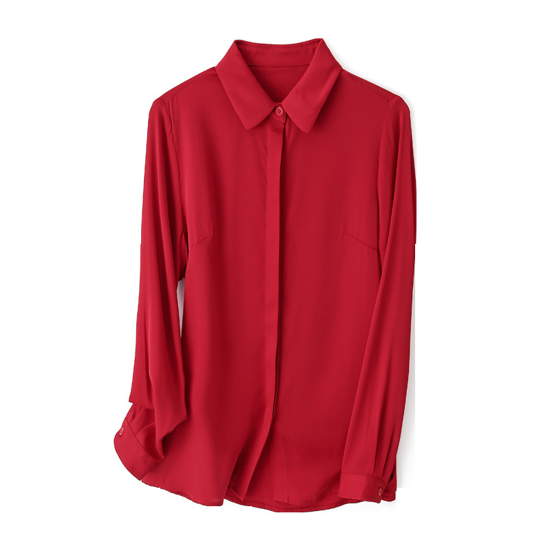 Dámska košeľa z mulberry hodvábu - jednofarebná, dlhý rukáv, úzky strih, golier s klopou