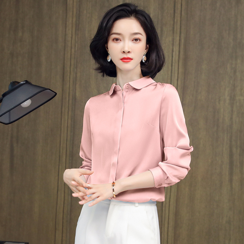 Dámska košeľa z mulberry hodvábu - jednofarebná, dlhý rukáv, úzky strih, golier s klopou