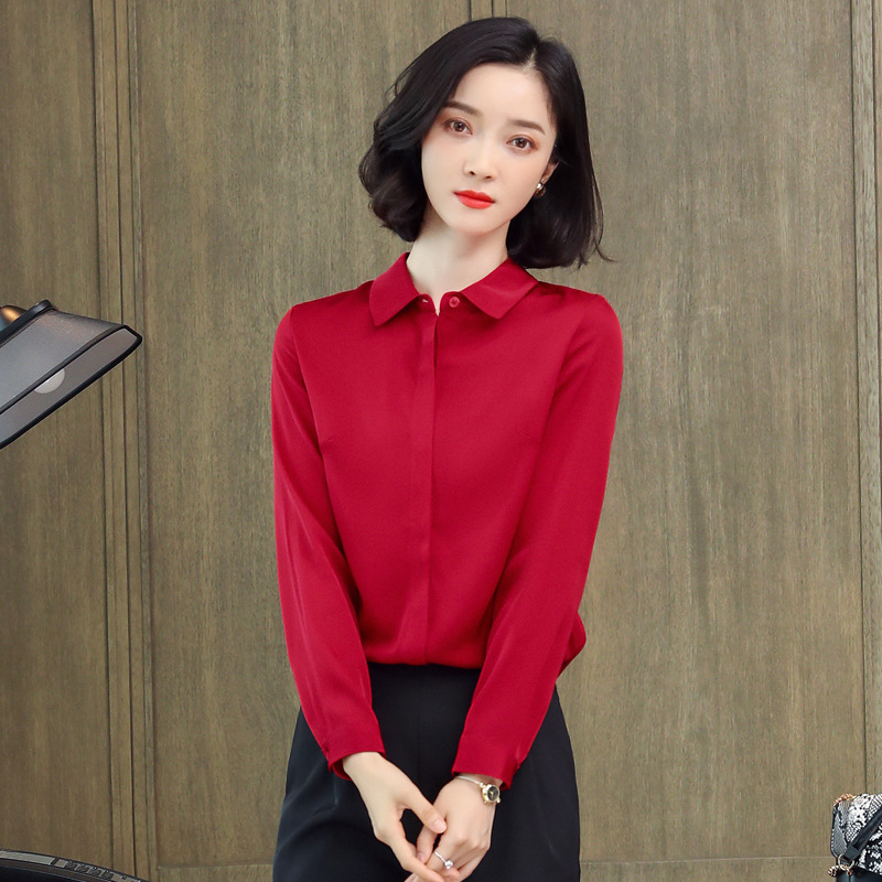 Dámska košeľa z mulberry hodvábu - jednofarebná, dlhý rukáv, úzky strih, golier s klopou