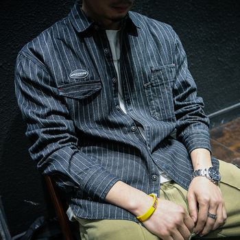 Cămașă denim cu dungi, mâneci lungi, croială lejeră, guler pătrat