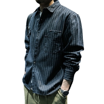 Cămașă denim cu dungi, mâneci lungi, croială lejeră, guler pătrat