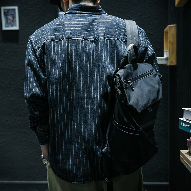 Cămașă denim cu dungi, mâneci lungi, croială lejeră, guler pătrat