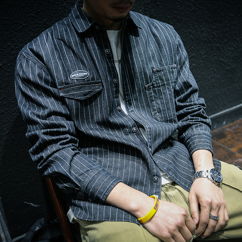 Cămașă denim cu dungi, mâneci lungi, croială lejeră, guler pătrat