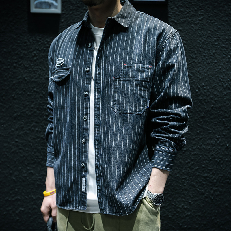 Cămașă denim cu dungi, mâneci lungi, croială lejeră, guler pătrat