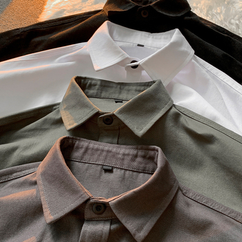 Cămașă de lucru în stil japonez, mâneci scurte, croială lejeră, model solid, țesătură din amestec poliester-bumbac (95% poliester), guler pătrat