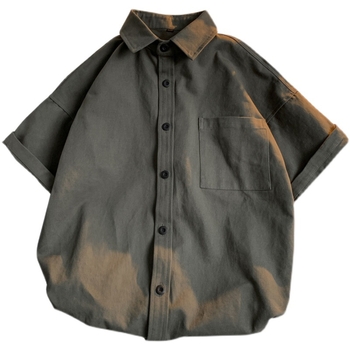Cămașă de lucru în stil japonez, mâneci scurte, croială lejeră, model solid, țesătură din amestec poliester-bumbac (95% poliester), guler pătrat