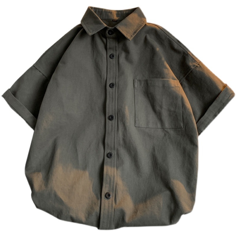 Cămașă de lucru în stil japonez, mâneci scurte, croială lejeră, model solid, țesătură din amestec poliester-bumbac (95% poliester), guler pătrat