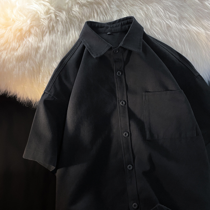 Cămașă de lucru în stil japonez, mâneci scurte, croială lejeră, model solid, țesătură din amestec poliester-bumbac (95% poliester), guler pătrat