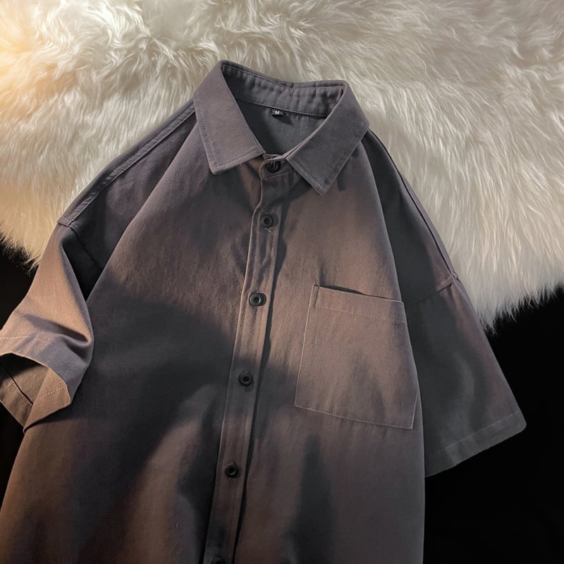 Cămașă de lucru în stil japonez, mâneci scurte, croială lejeră, model solid, țesătură din amestec poliester-bumbac (95% poliester), guler pătrat