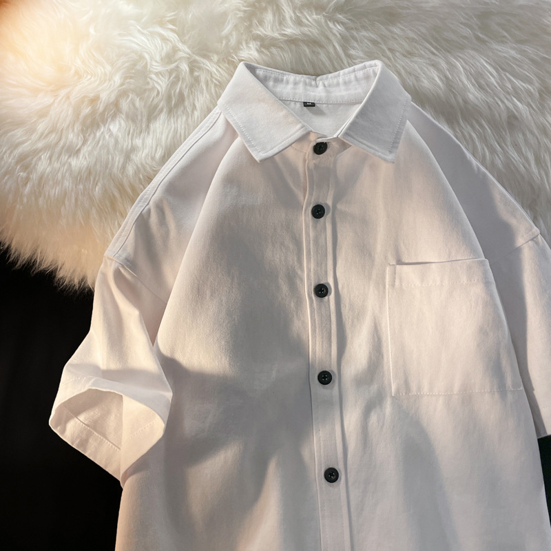 Cămașă de lucru în stil japonez, mâneci scurte, croială lejeră, model solid, țesătură din amestec poliester-bumbac (95% poliester), guler pătrat