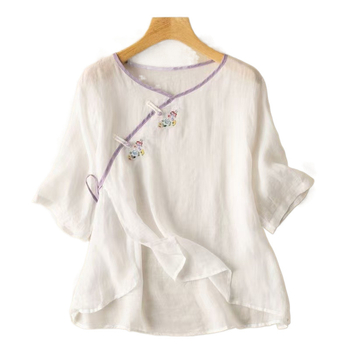 Košele s etnickou výšivkou, predné zapínanie na šnúrku, krátke rukávy, voľný strih, bavlna-len tkanina