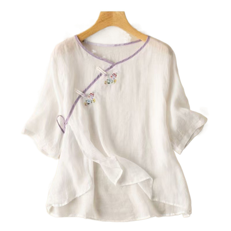 Košele s etnickou výšivkou, predné zapínanie na šnúrku, krátke rukávy, voľný strih, bavlna-len tkanina