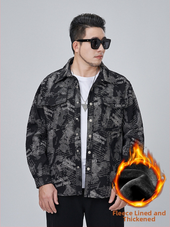 Fleece-betétes és vastag anyagú farmerdzseki ing gallérral, patch zsebekkel, 65% pamut / 35% poliészter, fiatalokat célzó utcai stílus, téli viselet