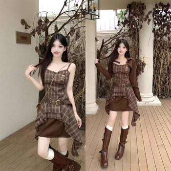 Rochie retro cu bretele pentru plus size, set cu bluză pe mânecă lungă - Primăvara 2025; țesătură TR; PVC 50–70%; stil chinezesc; retro literar