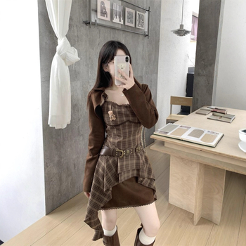 Rochie retro cu bretele pentru plus size, set cu bluză pe mânecă lungă - Primăvara 2025; țesătură TR; PVC 50–70%; stil chinezesc; retro literar