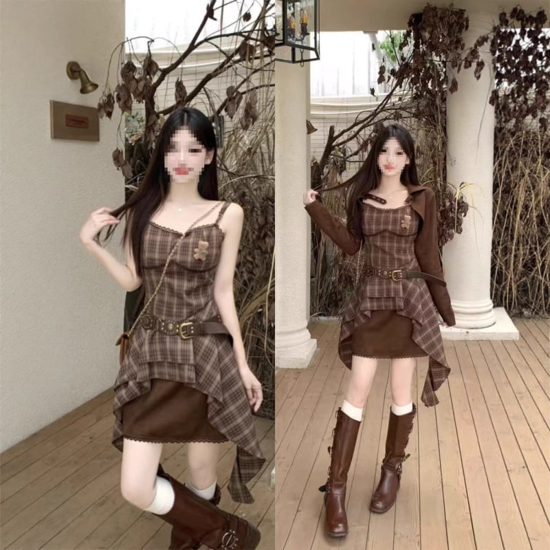 Rochie retro cu bretele pentru plus size, set cu bluză pe mânecă lungă - Primăvara 2025; țesătură TR; PVC 50–70%; stil chinezesc; retro literar