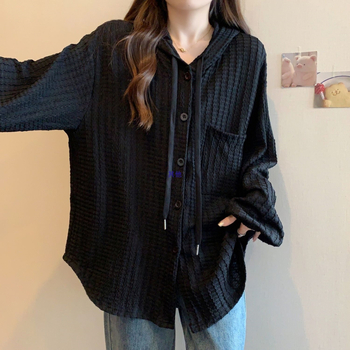 Bluza cu glugă, din chenille, cu Spandex, mâneci tip felinar, croială lejeră