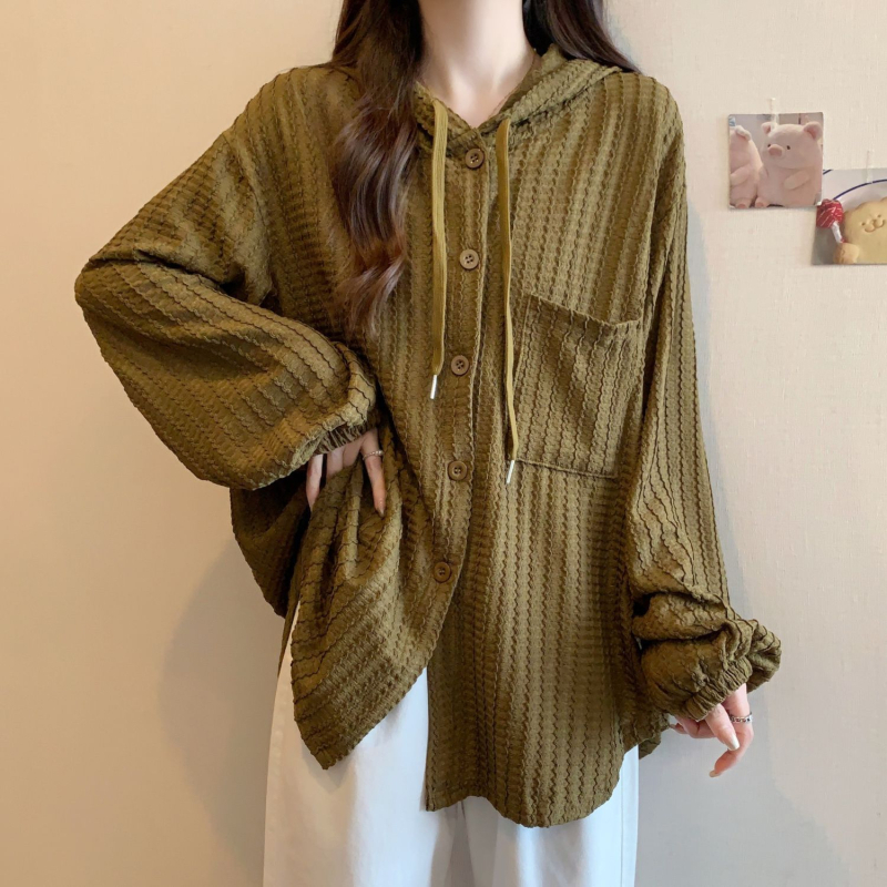 Bluza cu glugă, din chenille, cu Spandex, mâneci tip felinar, croială lejeră