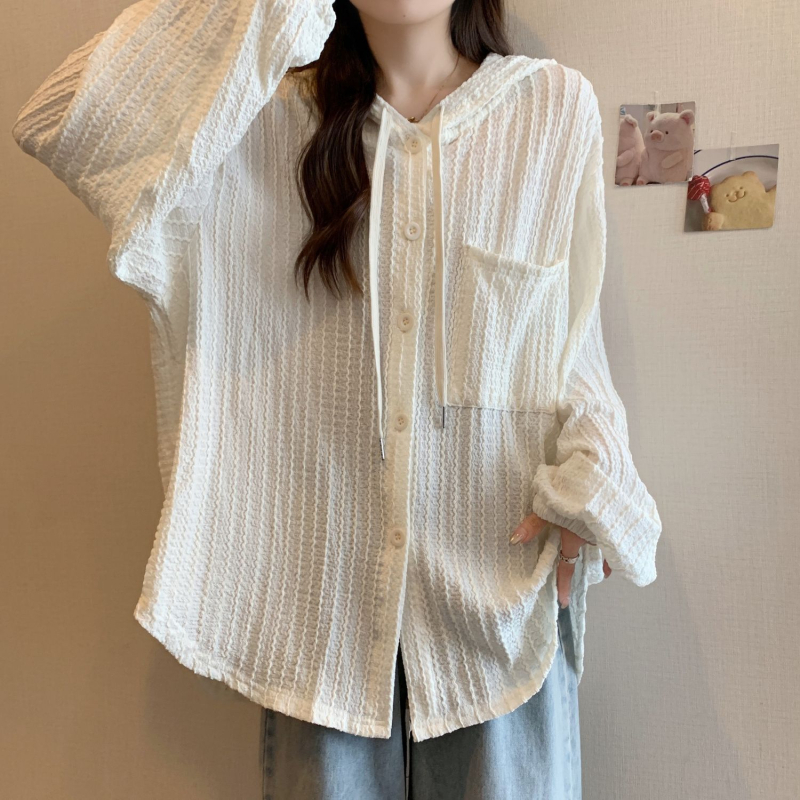 Bluza cu glugă, din chenille, cu Spandex, mâneci tip felinar, croială lejeră