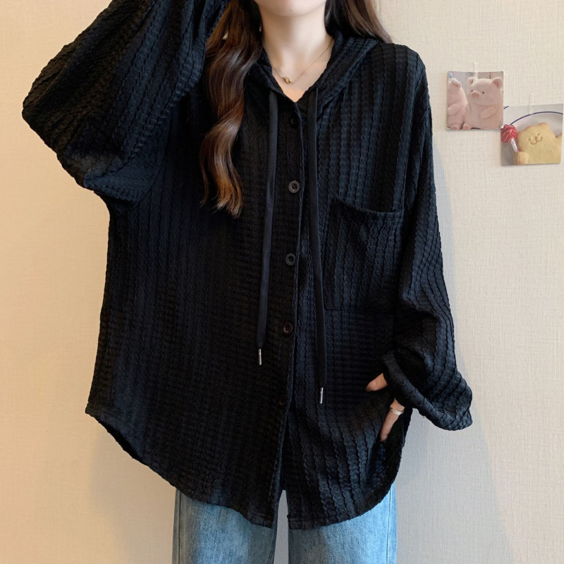 Bluza cu glugă, din chenille, cu Spandex, mâneci tip felinar, croială lejeră